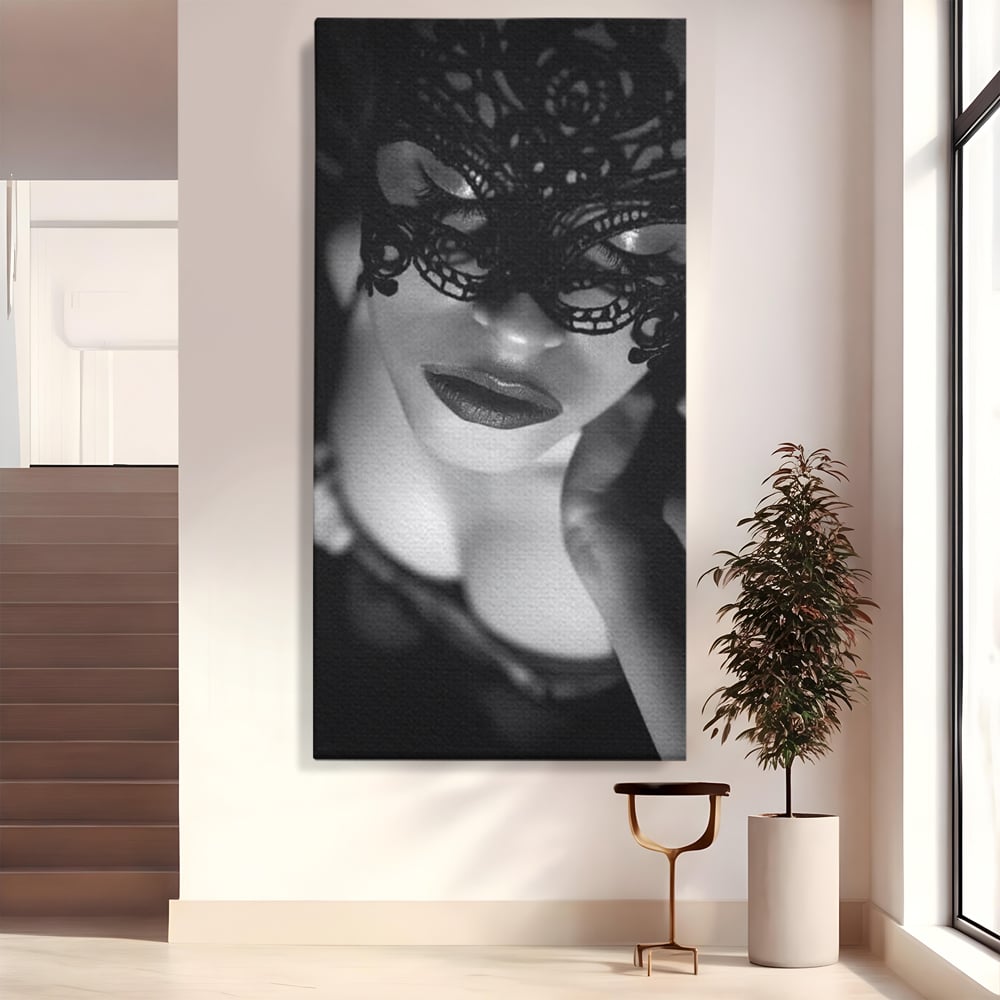 Tablou canvas cu tablou canvas cu femeie purtand masca, fara rama, pe sasiu de lemn
